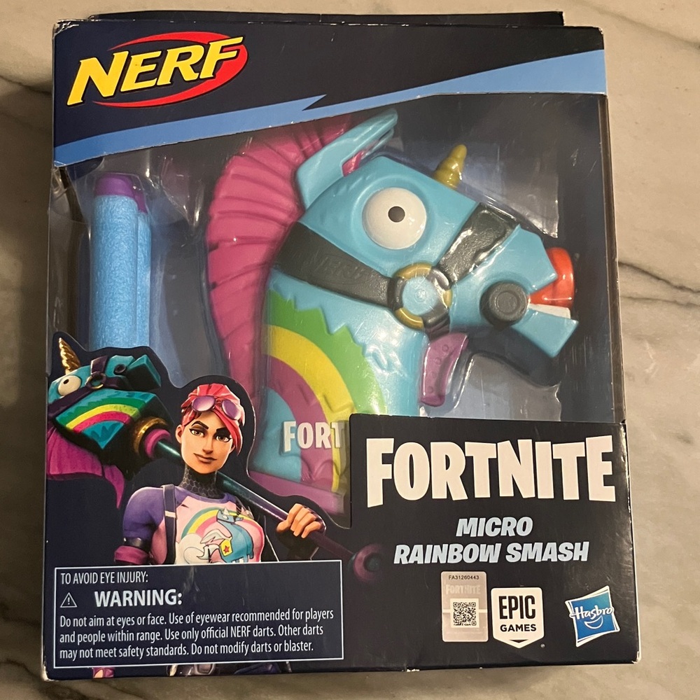 NIB Nerf Fortnite Micro Rainbow Smash Blaster - Blue and Pink Unicorn Hasbro